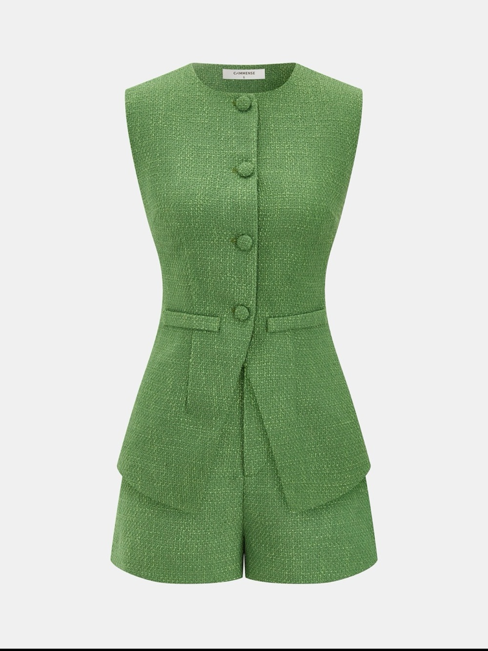Commense Green Sleeveless Tweed Romper